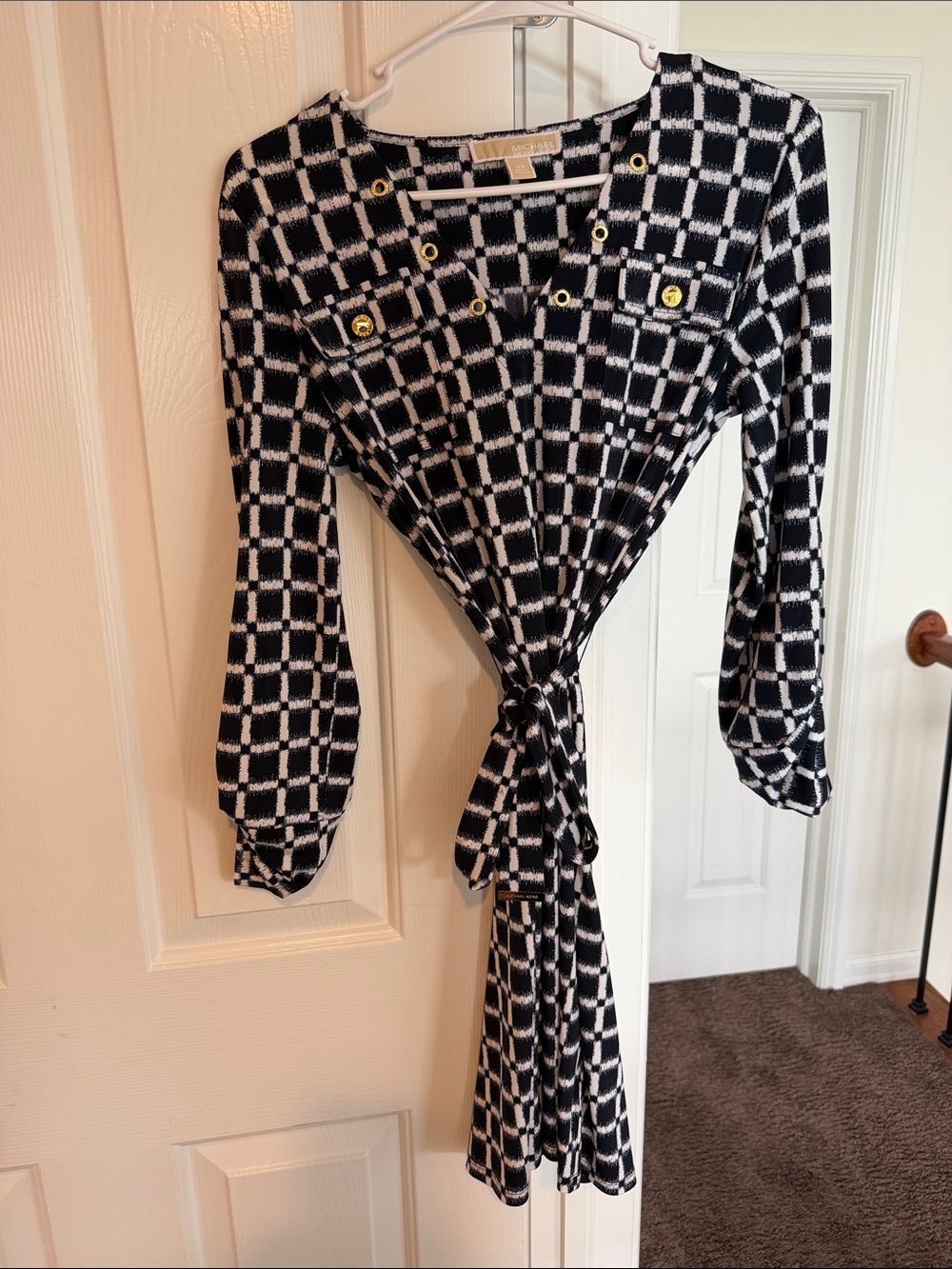 MICHAEL Michael Kors Navy and White Grid Tie-Front Long-Sleeve Dress